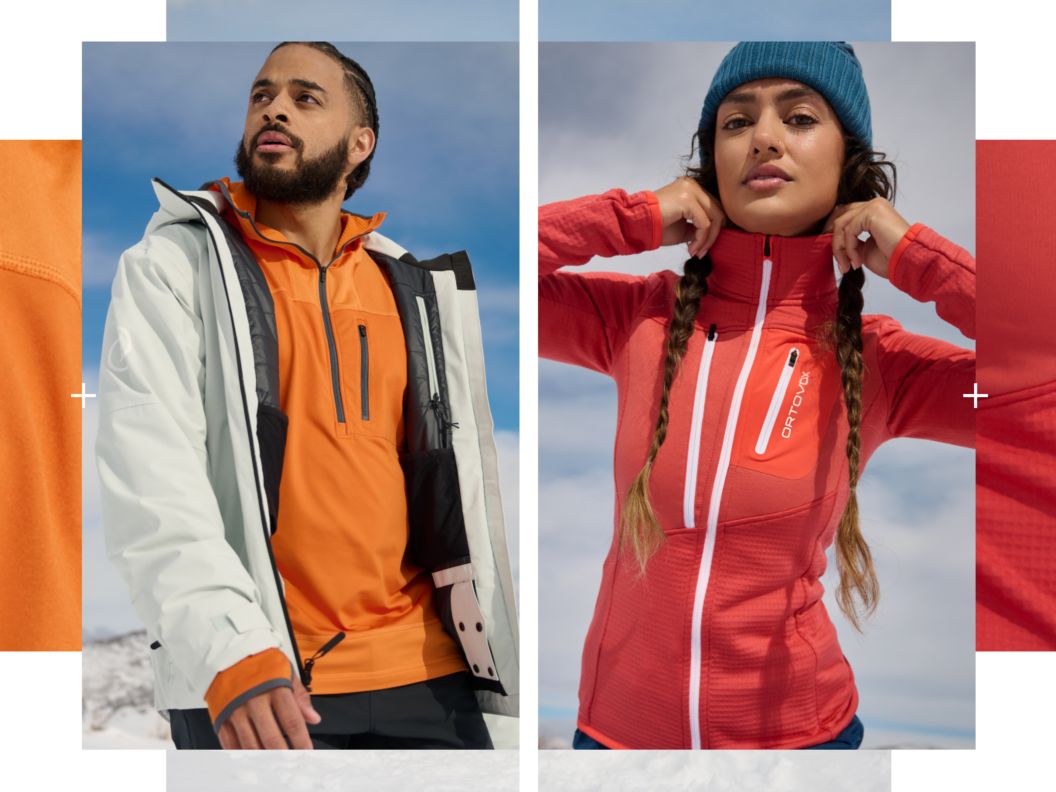 Layered photos on a white background with a model on the left wearing an orange tech fleece and a model on the right wearing a red tech fleece.